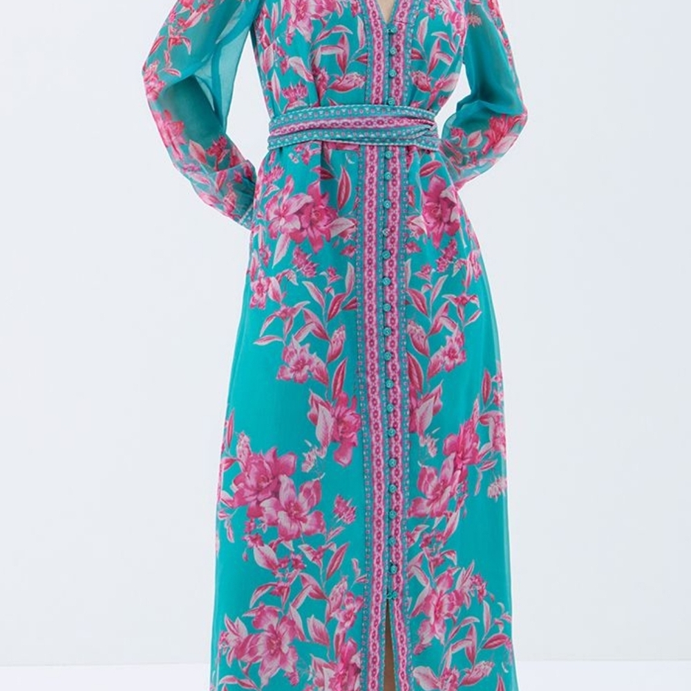 Blue Resort Wear Button Down Midi Dress with Bishop Sleeves